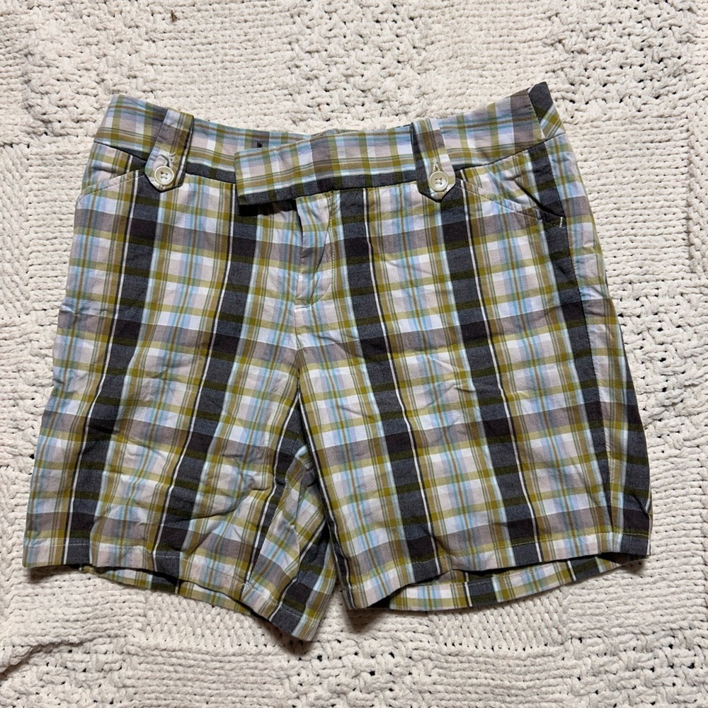 Y2K Banana Republic “Martin” Teal & Tan Plaid Shorts